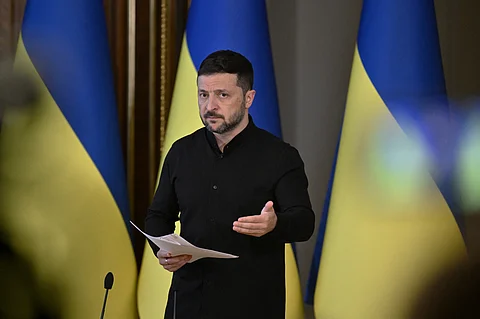 Ukrainian President Volodymyr Zelensky speaks during a press conference in Kyiv on 13 May 2025, calling for strong U.S. sanctions if Russian President Vladimir Putin declines to meet in Turkey for ceasefire talks amid the ongoing war.