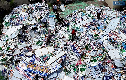 On Wednesday, 14 May 2025, personnel from the Department of Public Order and Safety (DPOS) unload election campaign tarpaulins at the Payatas Controlled Disposal Facility in Quezon City. The tarpaulins will be carefully segregated for upcycling, with materials set to be repurposed by Persons Deprived of Liberty (PDL) under the Bureau of Jail Management and Penology, as well as private organizations, for livelihood projects.