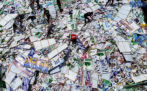 (May 14 2025) On Wednesday May 14 2025, Department of Public Order and Safety personnel (DPOS) lodge election campaign tarpaulins at the Payatas Controlled Disposal Facility in Quezon City. The tarpaulins will be properly segregated to facilitate their upcycling process, these materials will be repurposed by Persons Deprived of Liberty (PDL) from the Bureau of Jail Management and Penology and private organizations as their livelihood. Photo/Analy Labor