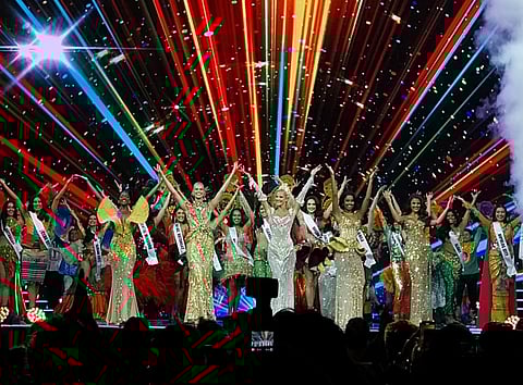 Miss Universe Philippines candidates and titleholders light up the stage with festive energy as they perform to the original soundtrack, “Mabuhay.”
