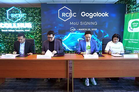 (From left to right) Arniel Vincent B. Ong, President and CEO of RCBC Bankard Services Corporation; Lito Villanueva, Executive Vice President and Chief Innovation and Inclusion Officer at RCBC; Gogolook’s Chief Operating Officer (COO), Manwoo Joo; and Gogolook Philippines Country Head Mel Migriño during the partnership signing at Yuchengco Centre in BGC Taguig City.
