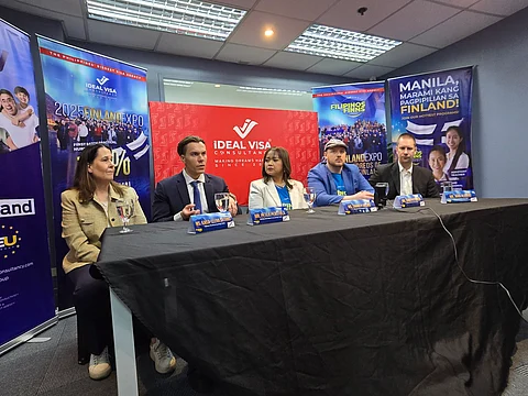 L-R: Tampere Adult Education Centre (TAKK) practical nursing trainer Kaisa-Leena Satamo, TAKK director of global partnership Peter Perttula, Ideal Visa Consultancy CEO Charity Delmo, Business Tampere project manager Sami Puttonen, and TAKK food services trainer Juha Alajoki address media queries on Finland's migration opportunities during a press conference held at Ortigas Center, Pasig City, on Thursday night, 15 May 2025.