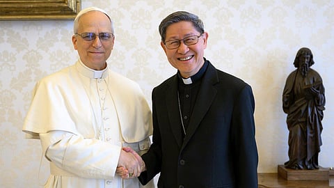 Pope Leo XIV shakes hands with Cardinal Luis Antonio Tagle during a private audience at the Vatican on 16 May 2025. A statue of a bearded figure holding a book stands in the background.
