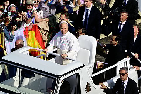 Pope Leo XIV rides popemobile before mass