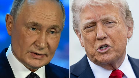 Side-by-side image of Russian President Vladimir Putin speaking in Murmansk on 27 March 2025 and US President Donald Trump speaking outside the White House on 23 April 2025. The two leaders were set to hold a phone call on 19 May 2025 to discuss a possible ceasefire in the Ukraine war.