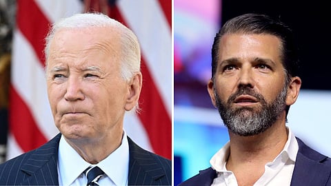 Side-by-side images of US President Joe Biden speaking from the White House Rose Garden on 7 November 2024, and Donald Trump Jr. at The People’s Convention in Detroit. Biden was recently diagnosed with aggressive prostate cancer, while Trump Jr. has been criticized for his response.