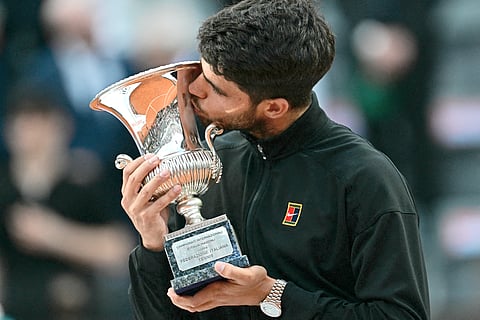 CARLOS Alcaraz celebrates after beating Jannik Sinner to win the men’s singles event of the Italian Open in Rome.