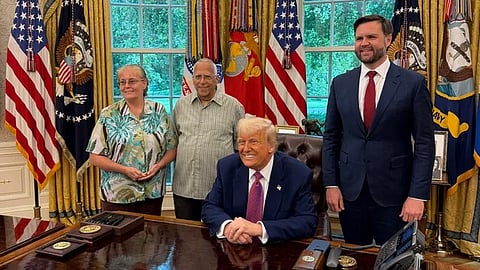 President Donald Trump and Vice President JD Vance meet with Pope Leo XIV's eldest brother, Louis Prevost, and his wife Deborah Prevost, at the White House on 20 May 2025. The meeting took place in the Oval Office, where Trump praised Louis as a "major MAGA fan."