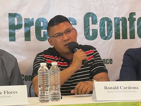 Duterte Youth Chairman Ronald Cardema, calls out the Commission on Elections (Comelec) for postponing their proclamation as a winning partylist in a press conference in Quezon City