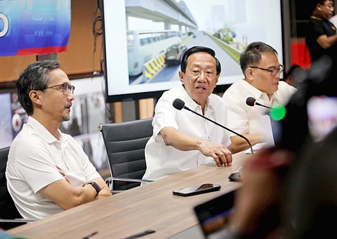 TRANSPORTATION Secretary Vince Dizon (left), Public Works Secretary Manuel Bonoan and MMDA chairman Don Artes brief the media on traffic mitigation plans ahead of the EDSA rebuild on Monday. Dizon announced a proposed free toll for Skyway Stage 3 and an odd-even scheme to ease congestion during construction.