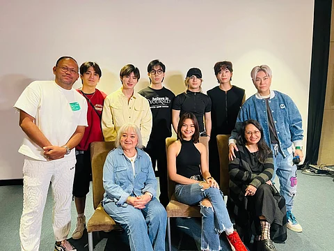 Standing are director Adolf AliX Jr. P-pop band BILIB and RS Francisco. Seated are the cast of 'Faney' Laurice Guillen, Althea Ablan and Angeli Bayani.