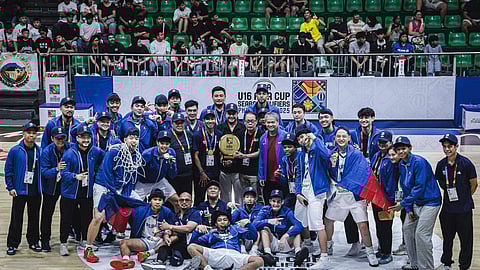 GILAS Pilipinas Youth celebrates after beating Indonesia, 70-40, to win the FIBA U16 Asia Cup SEABA Qualifiers title last Thursday in Pampanga.