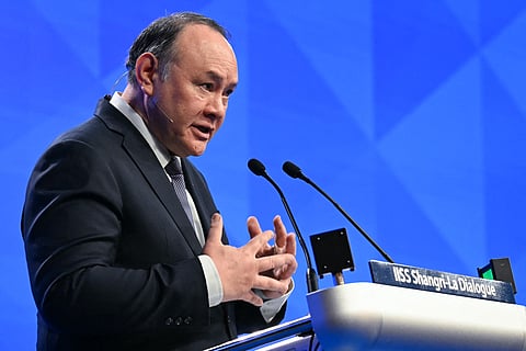 PHILIPPINES' Secretary of Defense Gilberto Teodoro Jr delivers a speech during the fifth plenary session at the Shangri-La Dialogue Summit in Singapore on 1 June 2025.