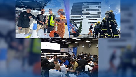 PUBLIC and private sector teams demonstrate the Incident Command System during an emergency simulation at SM City Clark, highlighting coordinated disaster response at the Asia-Pacific Ministerial Conference on Disaster Risk Reduction.