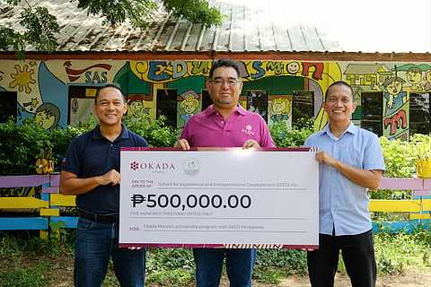 SEED Philippines Director Mark Lawrence Cruz and Gawad Kalinga Executive Director Daniel Bercasio received the donation from Kenji Sugiyama, Managing Director and CSR Committee Member of Okada Manila.