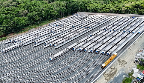 The trains for the Metro Rail Transit 7 are lined up at the depot at San Jose del Monte in Bulacan. The Department of Transportation is aiming to commence the full operation of the MRT-7 from Trinoma to the Sacred Heart Station in Quezon City by 2027.