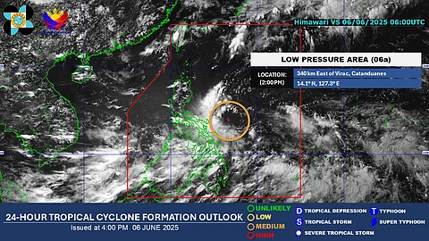 The low pressure area located over the waters of Virac, Catanduanes has a "medium" chance of developing into a tropical cyclone