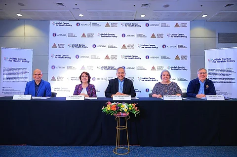 HEALTHand policy leaders unite: From left, Ruben “John” Basa (Unilab Center for Health Policy), Dr. Maria Luz Vilches (Ateneo de Manila University), Atty. Jose Maria Ochave (Unilab Foundation), Dr. Maria Eufemia Yap (Ateneo Policy Center), and Dr. Philip Arnold Tuaño (Ateneo School of Government).