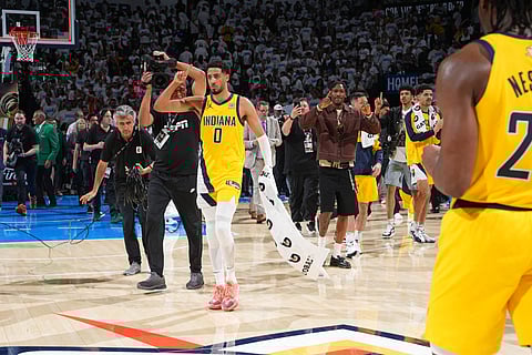 TYRESE Haliburton #0 of the Indiana Pacers celebrates after the game against the Oklahoma City Thunder during Game One of the 2025 NBA Finals.