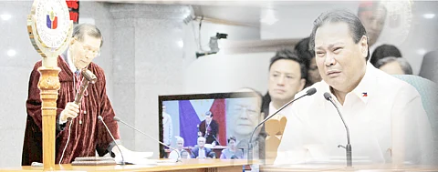SENATE President Juan Ponce Enrile prepares to bang the gavel at the conclusion of the oral arguments in the impeachment trial of Supreme Court Chief Justice Renato Corona before the senator-judges acting as an impeachment court in Manila on 28 May 2012.