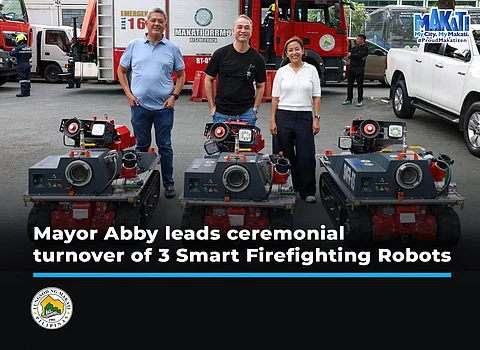 Outgoing Makati Mayor Abby Binay (right) and Representative Luis Campos lead the ceremonial turnover of the three units of Rosenbauer Smart Firefighting Robot at Makati City Hall. Binay said that the robots will help the city’s fire suppression and rescue efforts especially during commercial fires, enclosed area rescues and other complex emergencies.