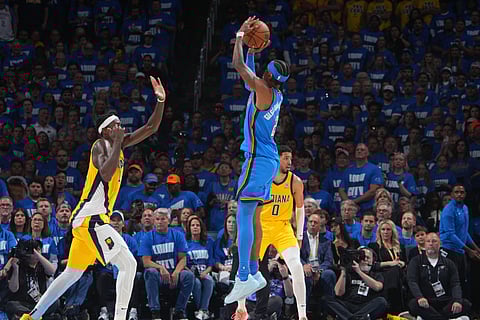 SHAI Gilgeous-Alexander #2 of the Oklahoma City Thunder shoots the ball during the game against the Indiana Pacers during Game Two of the 2025 NBA Finals
