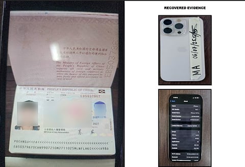 RECOVERED evidence from the Chinese national arrested in Parañaque includes the stolen iPhone and the suspect’s passport.