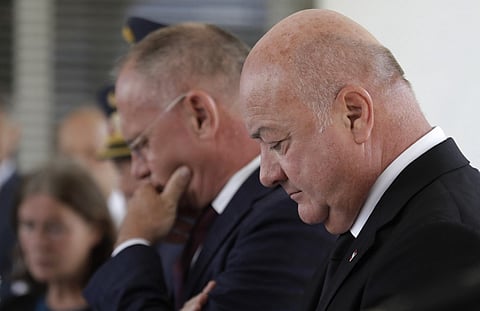 Austrian Chancellor Christian Stocker (R) attends a press conference near a school where several people died in a shooting, on 10 June 2025 in Graz, southeastern Austria. Ten people died after a suspected shooter opened fire in a southeastern Austrian school, press agency APA quoted Graz city mayor Elke Kahr as saying. Several students and at least one adult are among those killed, Kahr confirmed to APA.