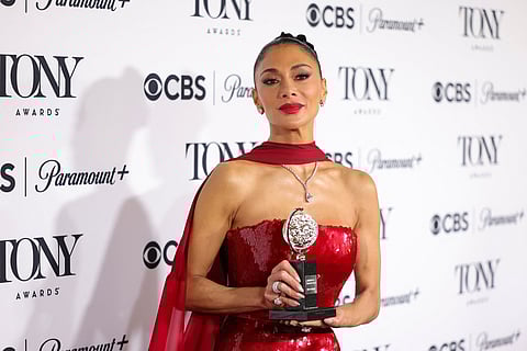 NICOLE Scherzinger poses with the Best Performance by an Actress in a Leading Role in a Musical award for "Sunset Blvd." in The 78th Annual Tony Awards.