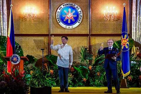 President Ferdinand Marcos Jr. with H.E. Mohammed Rida El Fassi, Vice Dean of the Diplomatic Corps proposed a toast during Vin D' Honneur for government officials and diplomatic corps at the Malacañan Palace on June 12, 2025.
A vin d'honneur is one of two official receptions hosted by the President of the Philippines at Malacañan Palace to celebrate New Year's and Independence Day.