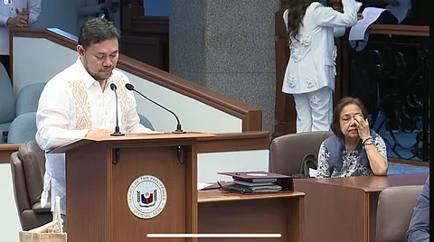 SENATOR Cynthia Villar is teary eyed as she listens to her son, Senator Mark Villar, thanking her for 12 years of service as a staunch advocate for farmers and other marginalized sectors.