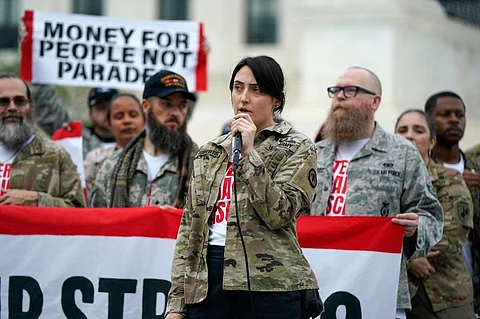 WASHINGTON, DC - JUNE 13: Rebecca Roberts speaks outside the U.S. Supreme Court during a protest of the upcoming parade for the Army’s 250th anniversary, which falls on President Donald Trump's birthday, on June 13, 2025 in Washington, DC.