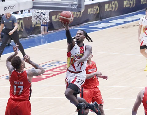 CJ Peres soars with a 24-point production in San Miguel’s 126-91 win over NorthPort in their PBA Philippine Cup game Sunday at the Ynares Center in Antipolo.