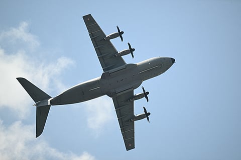A FRENCH Air Force Airbus A400M Atlas aircraft performs during an exhibition flight demonstration as part of the 55th edition of the International Paris Air Show at the Paris–Le Bourget Airport, in Le Bourget, suburb of Paris on 17 June 2025.