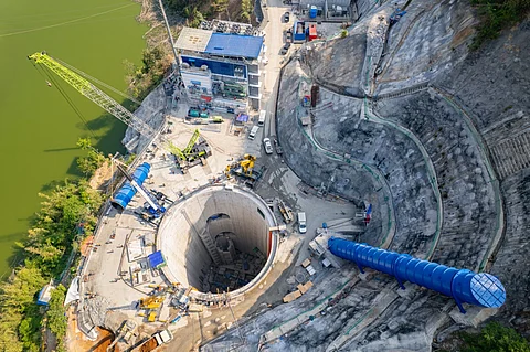 Aerial view of the Upper Wawa Pumping Station Shaft, a 65-meter deep, equivalent to a 20-story office building. The pumping station is a component of the Wawa Bulk Water Supply Project, that will convey water from the Upper Wawa Dam reservoir to the Manila Water treatment plant, helping ensure water security.