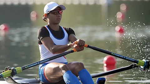 Philippines' Joanie Delgaco competes in the women's single sculls repechages rowing competition at Vaires-sur-Marne Nautical Centre in Vaires-sur-Marne during the Paris 2024 Olympic Games on July 28, 2024.