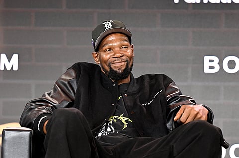 NEW YORK, NEW YORK - JUNE 22: Kevin Durant speaks onstage during Fanatics Fest NYC 2025 at Javits Center on June 22, 2025 in New York City.