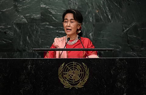 Myanmar’s State Counsellor and Foreign Minister Aung San Suu Kyi addresses the 71st session of United Nations General Assembly at the UN headquarters in New York on September 21, 2016. Myanmar's deposed democratic leader Aung San Suu Kyi was set to mark her 80th birthday in junta detention on June 19, 2025, serving a raft of sentences set to last the rest of her life.