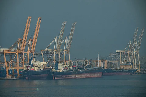 Tankers are seen at the Khor Fakkan Container Terminal, the only natural deep-sea port in the region and one of the major container ports in the Sharjah Emirate, along the Strait of Hormuz, a waterway through which one-fifth of global oil output passes on June 23, 2025.