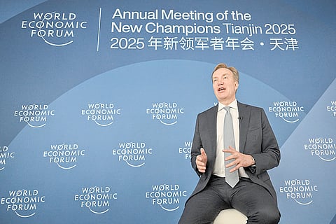 President and CEO of the World Economic Forum Borge Brende speaks during an interview ahead of the opening of the World Economic Forum Annual Meeting of the New Champions 2025 in Tianjin on 24 June 2025.