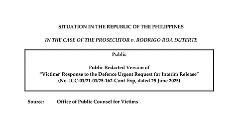 The 18-page public redacted version of victims’ response to former president Rodrigo Duterte’s defense urgent request for his interim release from the International Criminal Court.