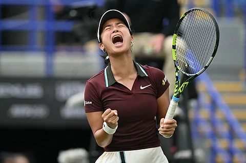 Philippines' Alexandra Eala reacts on match point after beating France's Varvara Gracheva in their women's singles semi-final tennis match on day five of the Lexus Eastbourne International tennis tournament in Eastbourne, southern England, on June 27, 2025.