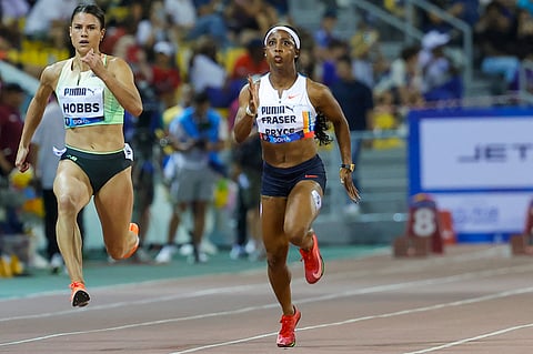 New Zealand's Zoe Hobbs and Jamaica's Shelly-Ann Fraser-Pryce compete in the women's 100m final during the IAAF Diamond League competition at the Suheim Bin Hamad Stadium in Doha on May 16, 2025.