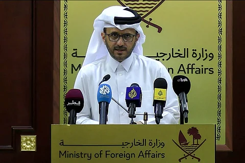 This frame grab from AFPTV footage shows Qatari foreign ministry spokesman Majed al-Ansari speaking during a media briefing in Doha on June 17, 2025. Al-Ansari said Gaza mediators are pushing Israel and Hamas to build on the momentum of this week's ceasefire with Iran and seize a chance for a truce in the Palestinian territory.