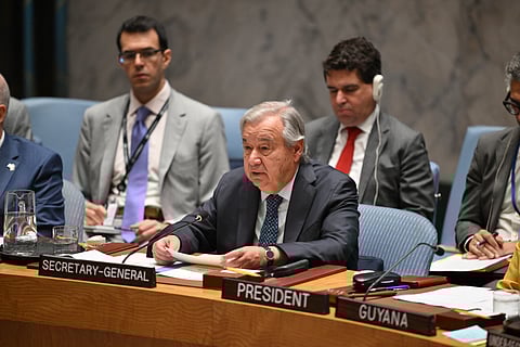 UN Secretary General Antonio Guterres speaks during a United Nations Security Council meeting on the Israel-Iran conflict at the UN headquarters in New York on June 20, 2025. The head of the UN nuclear watchdog pleaded Friday for a diplomatic solution to end Israel's strikes on Iran, saying his agency could guarantee strict monitoring in any deal on putting Iranian nuclear technology under international control.