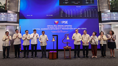 President Ferdinand R. Marcos leads the ringing of the PSE bell to welcome Day 1 of the Capital Markets Efficiency Promotion Act which aims to entice potential investors to invest in the stock market with a reduced tax rate. The new measure took effect on 1 July 2025. With the President are (from left) SEC Chairperson Atty. Francis Ed. Lim, Senator Sherwin T. Gatchalian, SAPIEA Secretary Frederick D. Go, DoF Secretary Ralph G. Recto, PSE chairman Jose T. Pardo, PSE president and CEO Ramon S. Monzon, PSE directors Ma. Vivian Yuchengco, Chief Justice Teresita J. Leonardo-De Castro (ret), and Atty. Marilyn A. Victorio-Aquino.