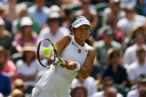 ALEXANDRA Eala fires a backhand return against Czech defending champion Barbora Krejcikova during their first-round women’s singles match at the 2025 Wimbledon Championships on Tuesday at the All England Club in London.