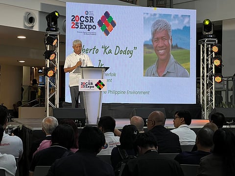 RAMON Magsaysay awardee Roberto “Ka Dodoy” Ballon delivers a passionate call for inclusive development and environmental stewardship during the second day of the 2025 CSR Conference and Expo in Makati City.