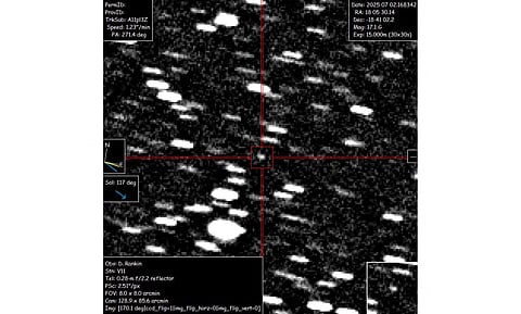 This image courtesy of David Rankin, Saguaro Observatory, shows interstellar object A11pI3Z captured on June 2, 2025 by David Rankin, engineer at the Catalina Sky Survey at the University of Arizona. Astronomers on June 2 confirmed the discovery of an interstellar object racing through our solar system -- only the third ever spotted, though scientists suspect many more may slip past unnoticed.