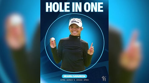 Brianna Navarrosa celebrates a career milestone with her first-ever ace as a pro — a hole-in-one on the par-3 second hole — during the opening round of the KPMG Women’s Irish Open at Carton House on Thursday.